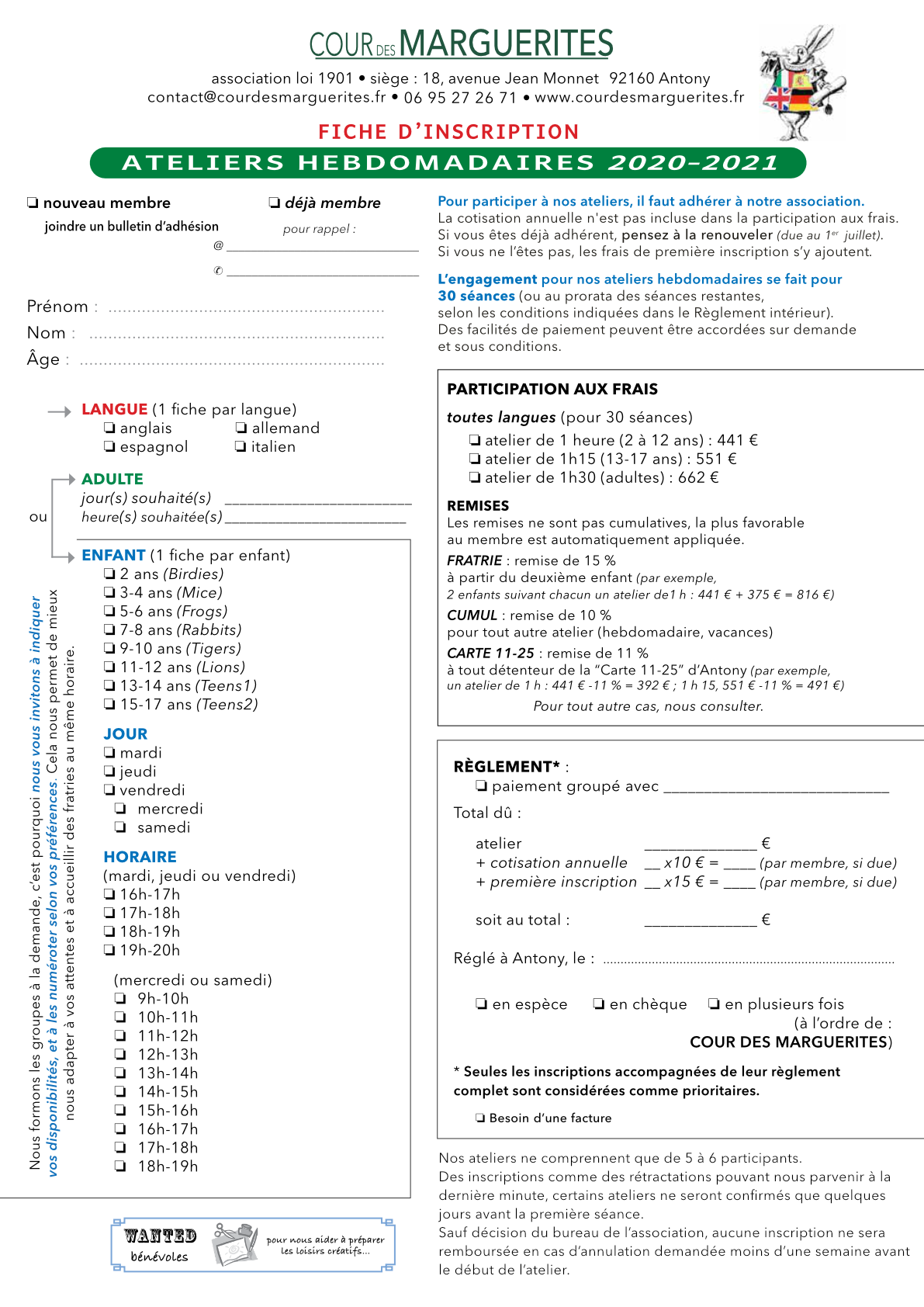 Fiche d'inscription (ateliers hebdomadaires) - Cour des marguerites