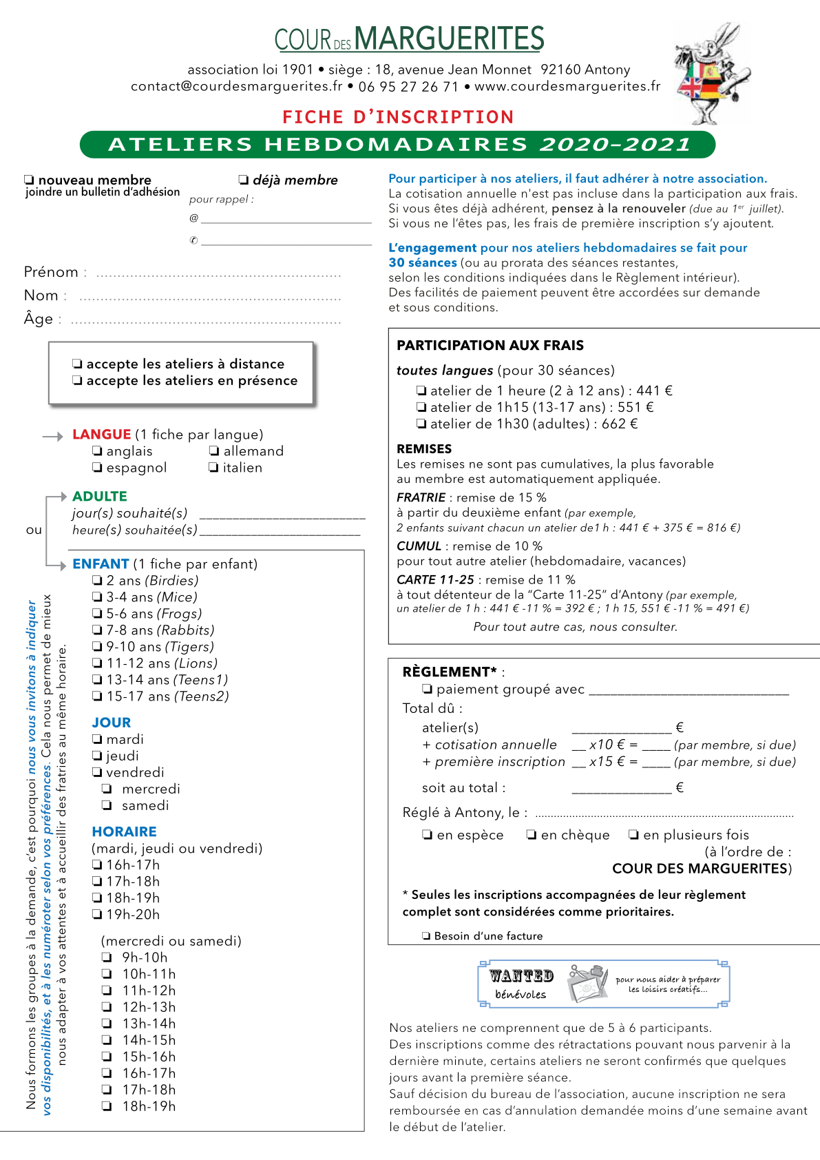 Fiche d'inscription (ateliers hebdomadaires) - Cour des marguerites